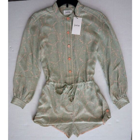 Joie 8902OP00925 Women's Sz M Green/Peach Long Sleeve Silk Romper - Picture 9 of 14